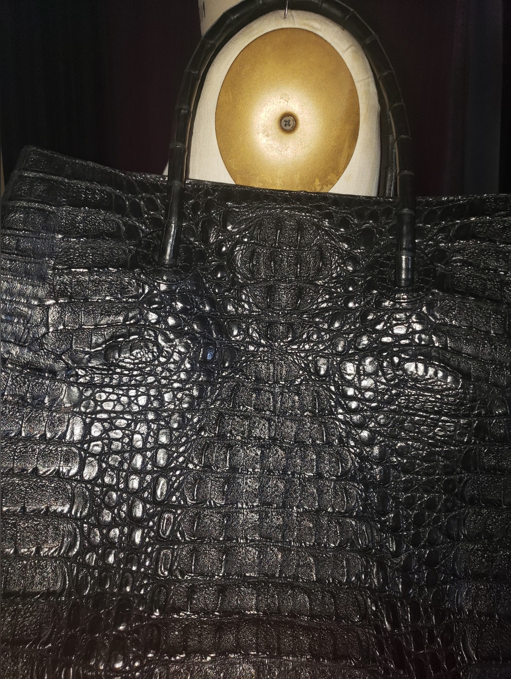 Genuine Caiman Crocodile Skin Large Black Tote Cream Suede Lining Handbag